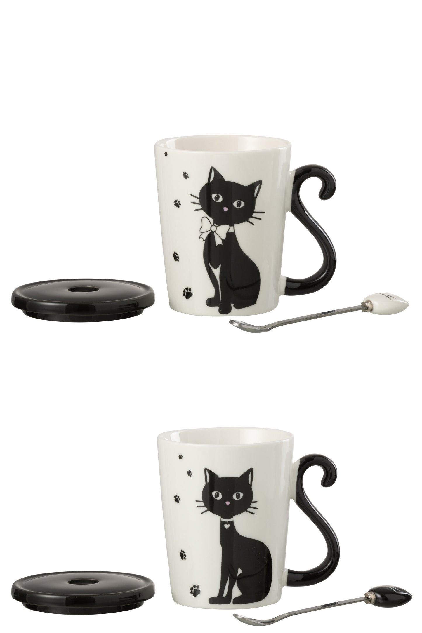 Bag Print Cat + Lid + Spoon Porcelain White / Black Assortment Of 2