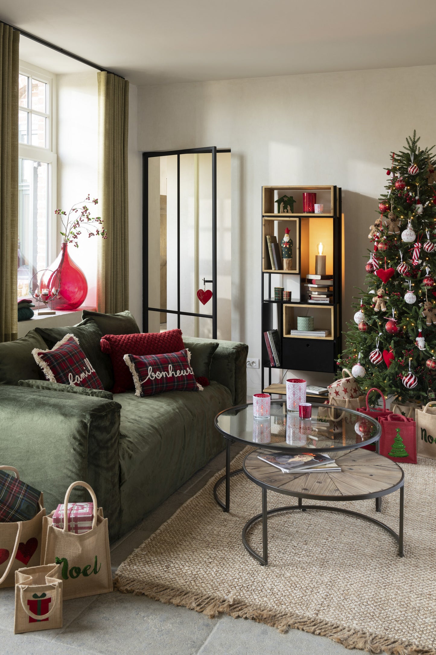 Zak Borduurwerk Geschenk Jute Naturel/Rood Assortiement van 4