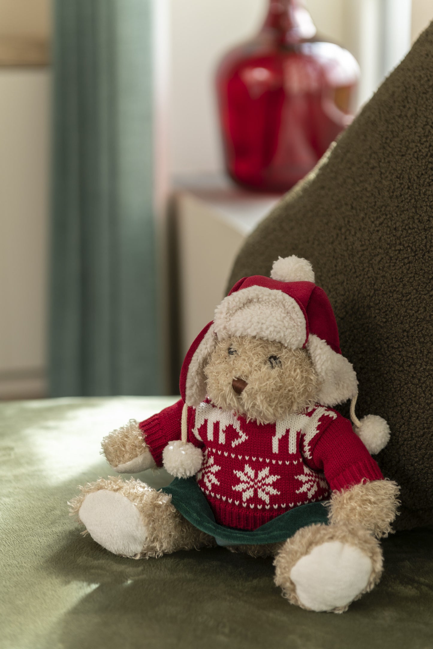 Beer Met Kersttrui+Muts Textiel Beige/Rood Small