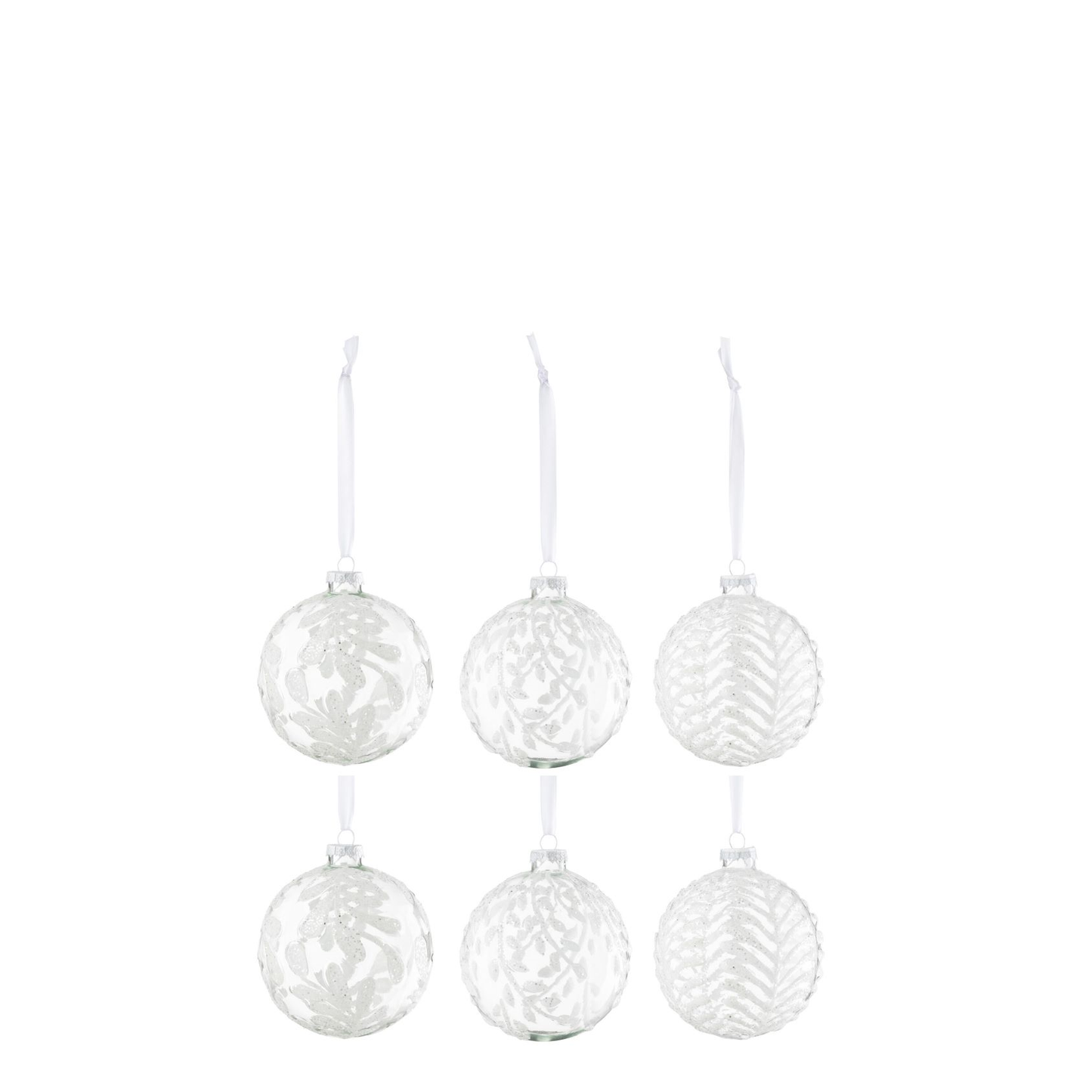 Doos Van 6 Kerstbal 2+2+2 Bladeren Pailletten Glas Wit Large