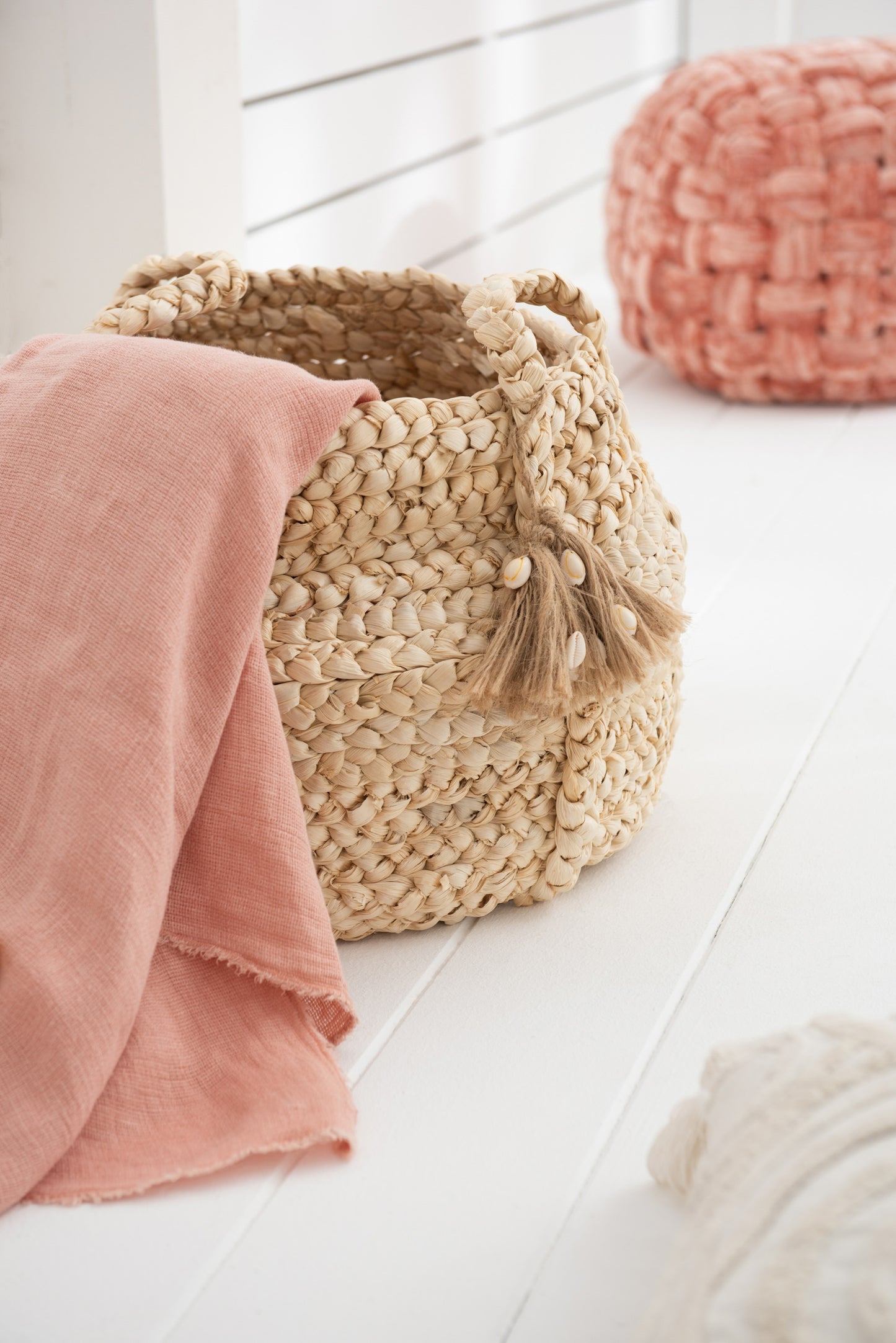 Set Of 2 Baskets Braided Tassels Jute Corn Light Natural