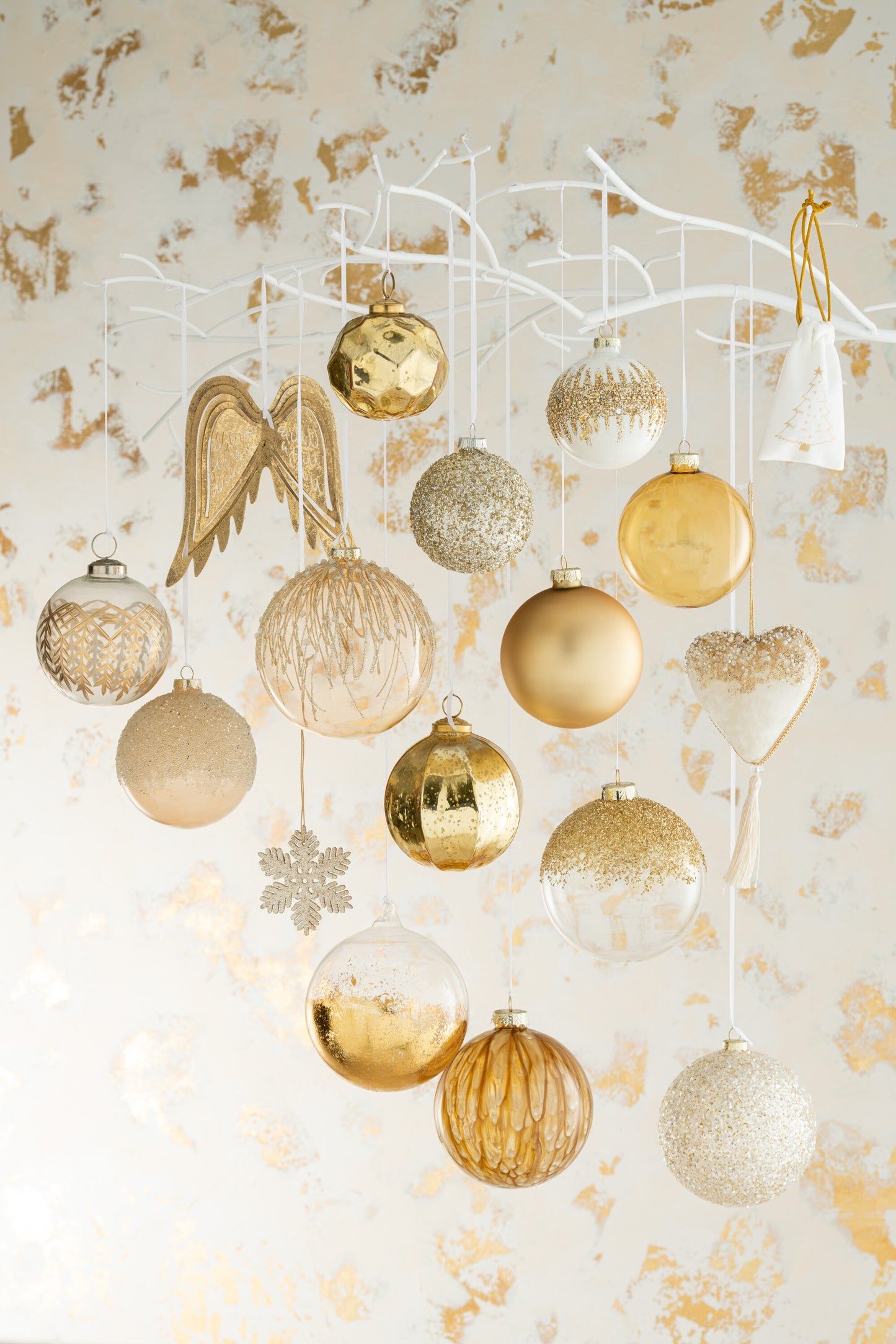 Doos Van 6 Kerstballen Rond Glitter Goud Glas Blinkend Wit