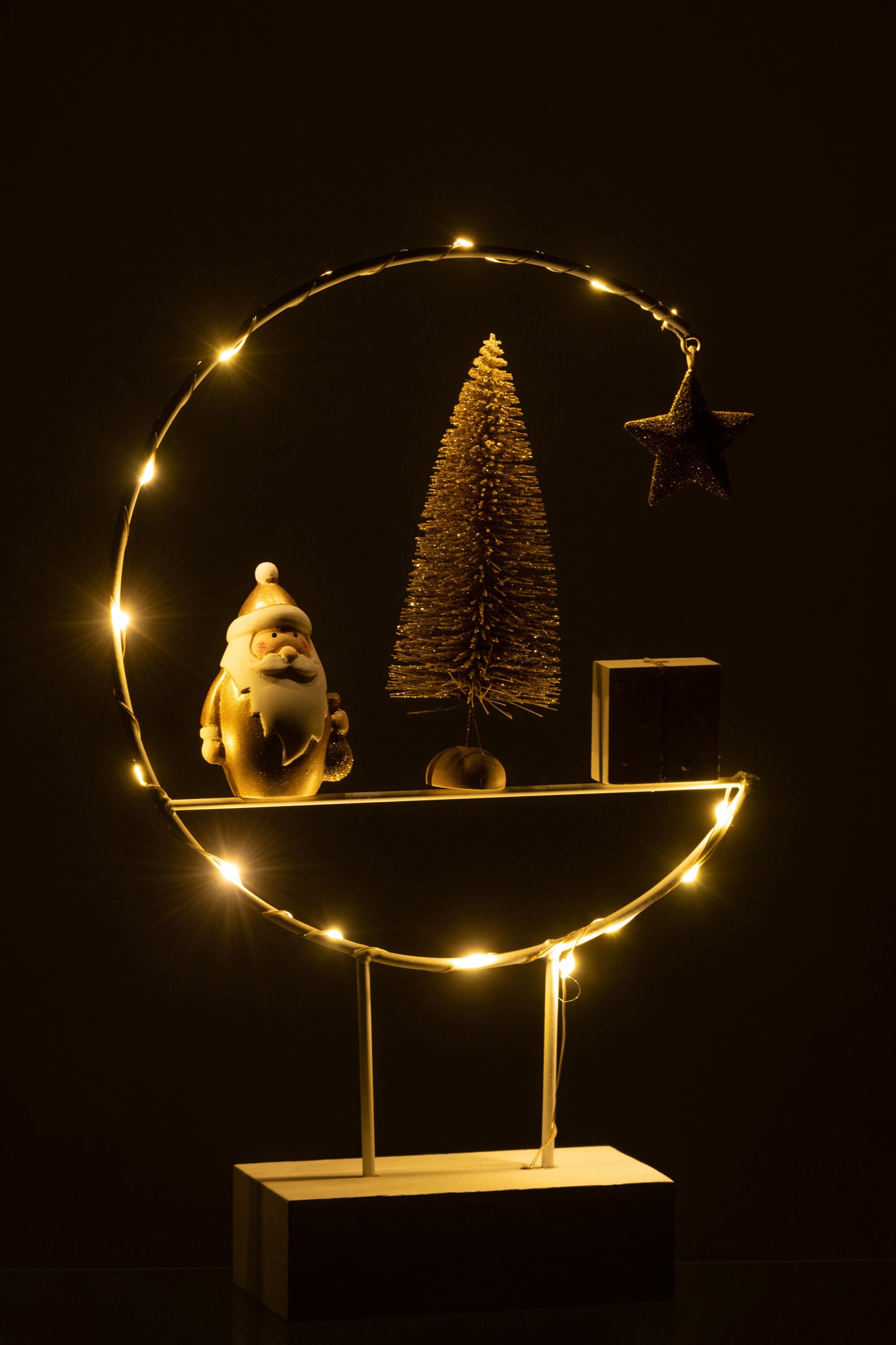 Semicirkel Op Voet+Led Kerstman Hout Wit/Goud