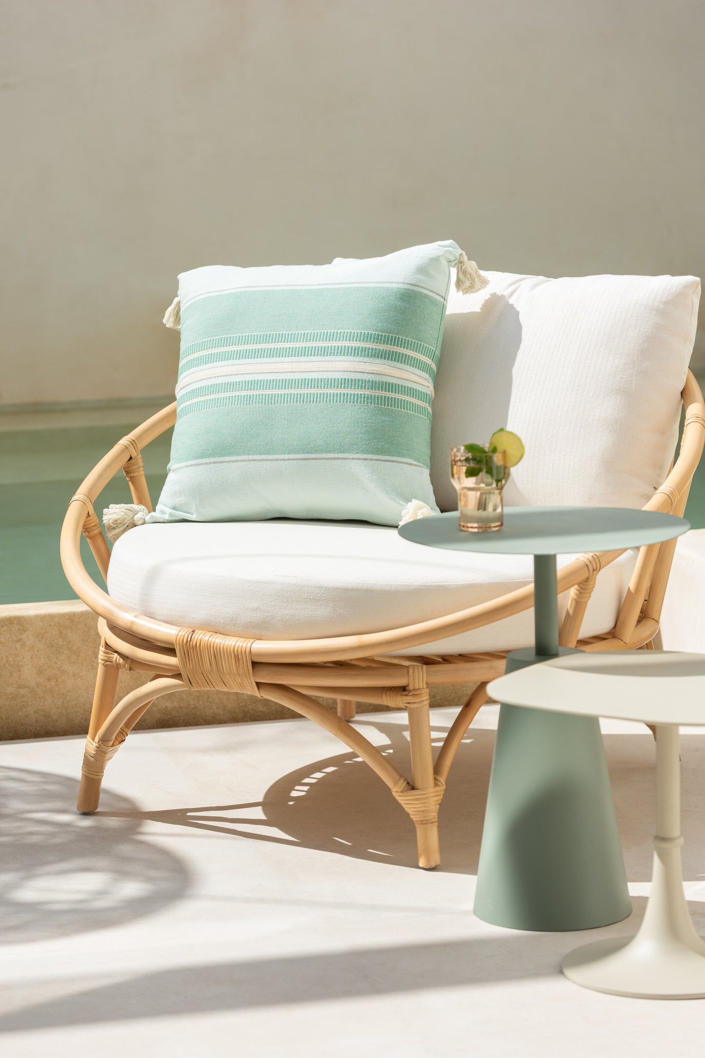 Stoel+Kussen Rotan/Textiel Naturel/Wit